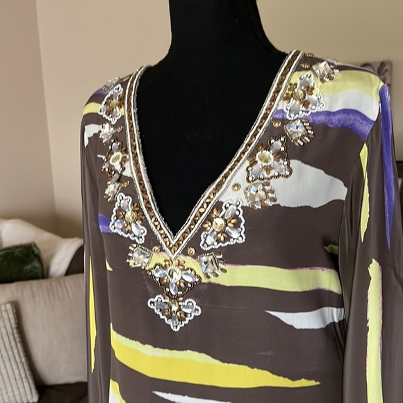 Taj By Sabrina Crippa Silk Beaded tunic Multi Color Top Size M - Picture 3 of 14